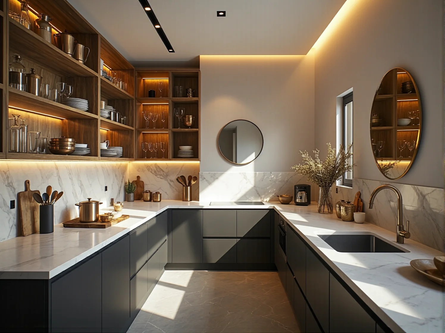 Elegancki aneks kuchenny glamour w małym mieszkaniu z welurowymi krzesłami i lustrzanym panelem.