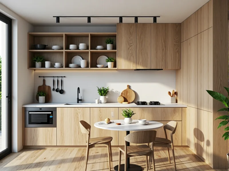 Aneks kuchenny dąb naturalny z otwartymi półkami i szafkami