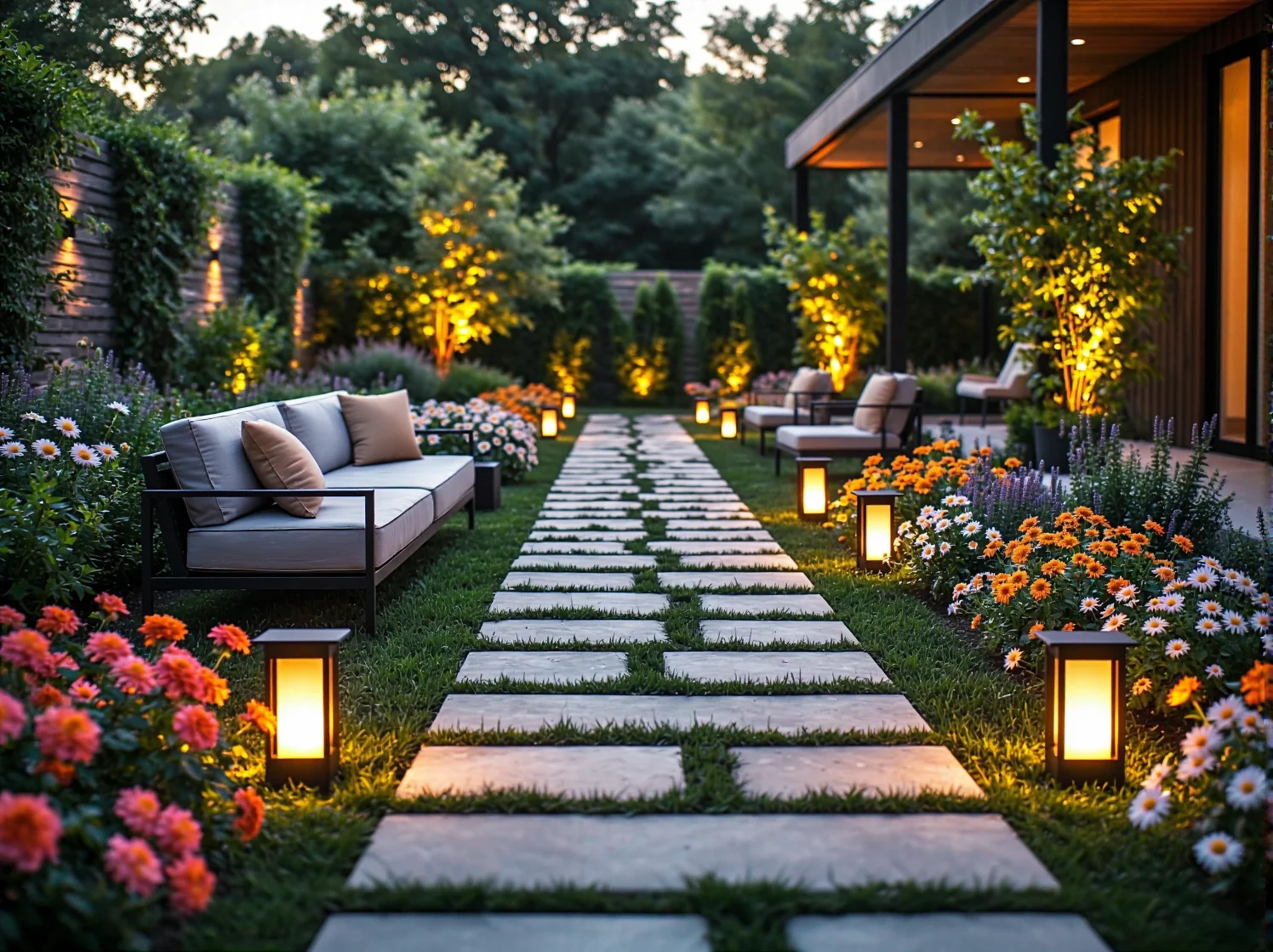 Nastrojowa aranżacja świetlna ogrodu rustykalnego z wiszącymi lampionami nad żwirową alejką.