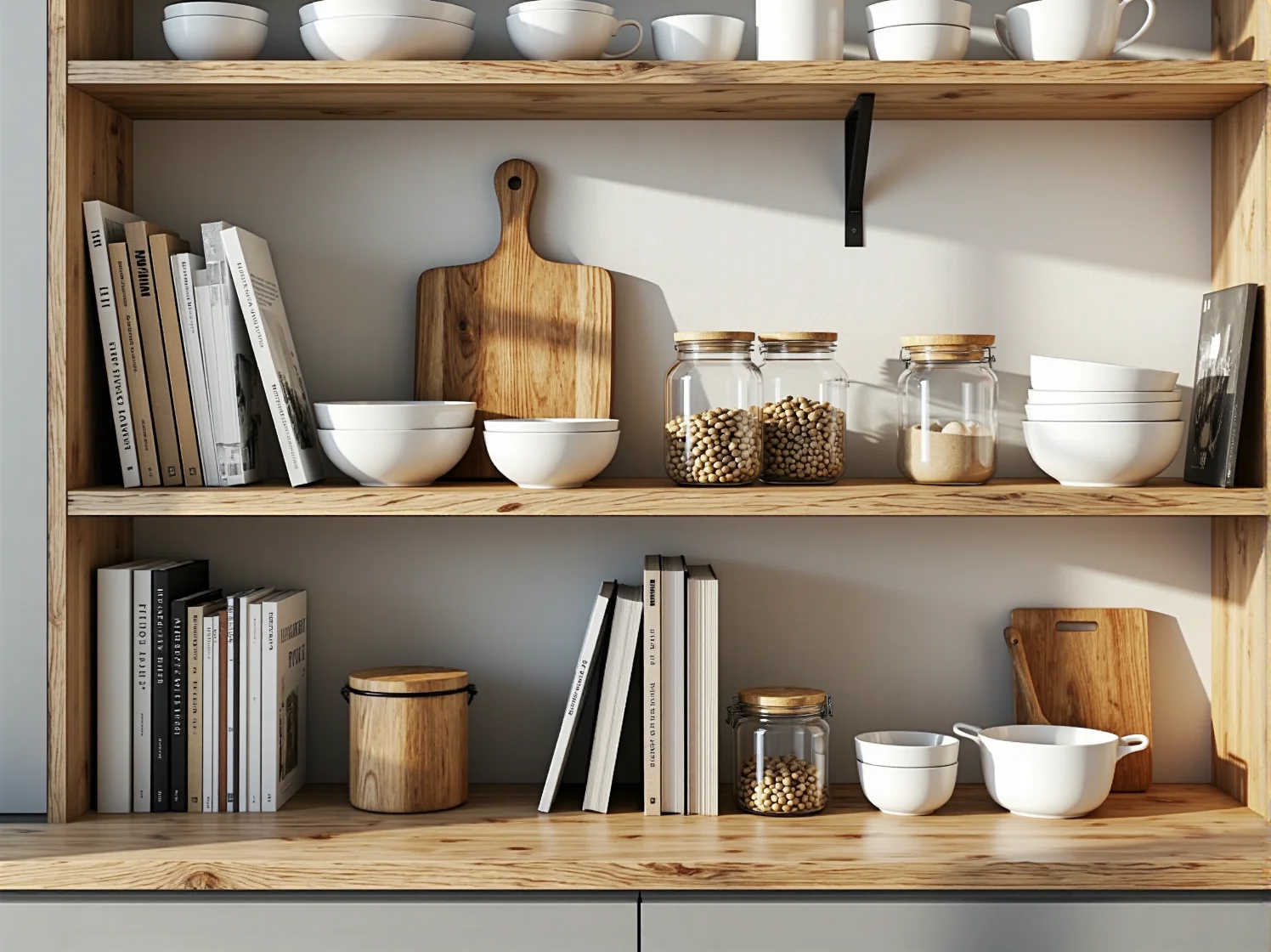 Aranżacja kuchni z otwartym regałem ściennym w stylu scandi.