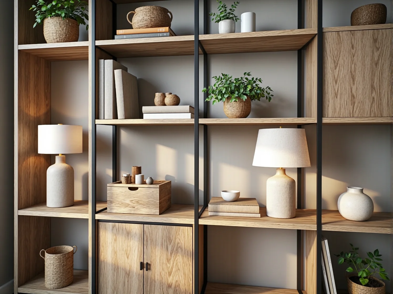 Aranżacja dekoracji i książek na funkcjonalnym regale modułowym w sypialni.