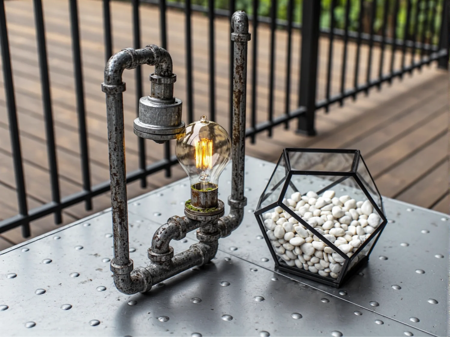 Donice z betonu architektonicznego i drewno z recyklingu na balkonie