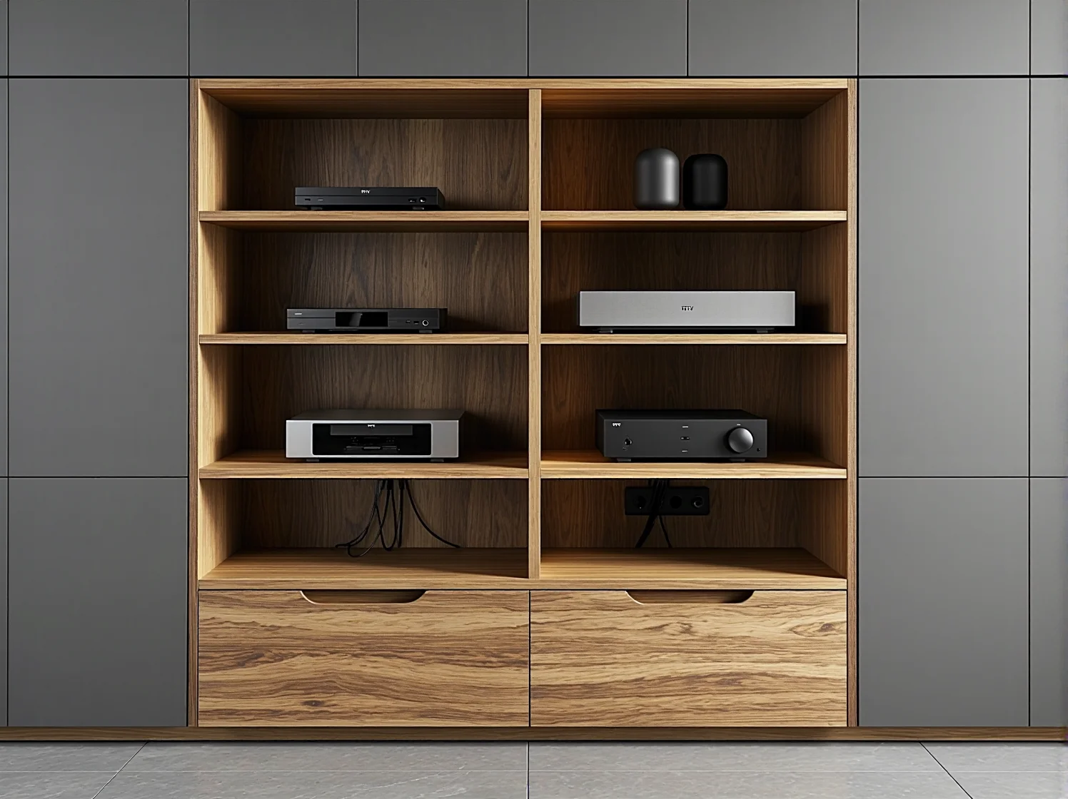 Biała szafka pod telewizor na drewnianych nóżkach w jasnym skandynawskim wnętrzu.