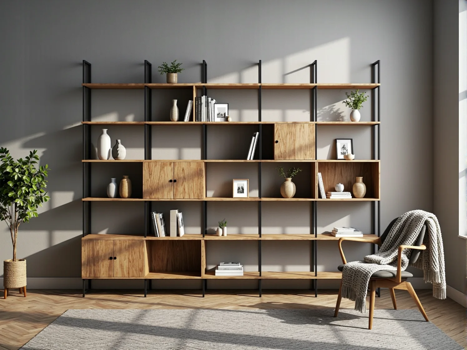 Minimalistyczny regał o prostej formie, idealnie pasujący do wnętrz w stylu nordyckim.