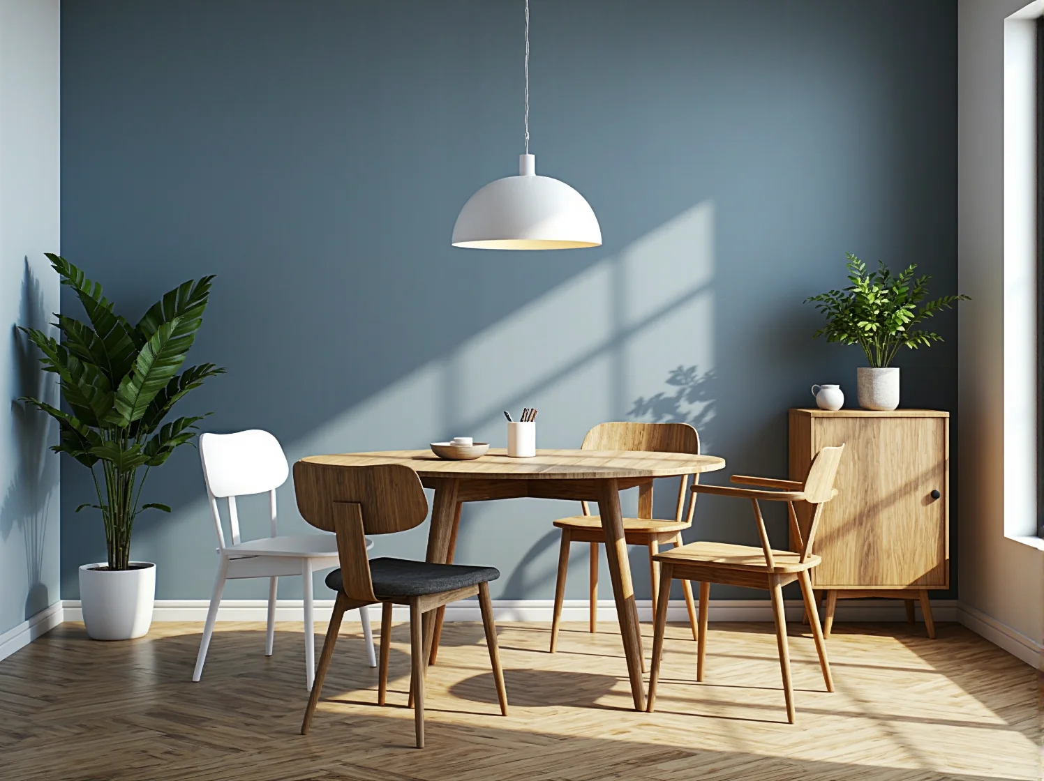 Biały okrągły stół w stylu skandynawskim z krzesłami, idealny do nowoczesnej kuchni