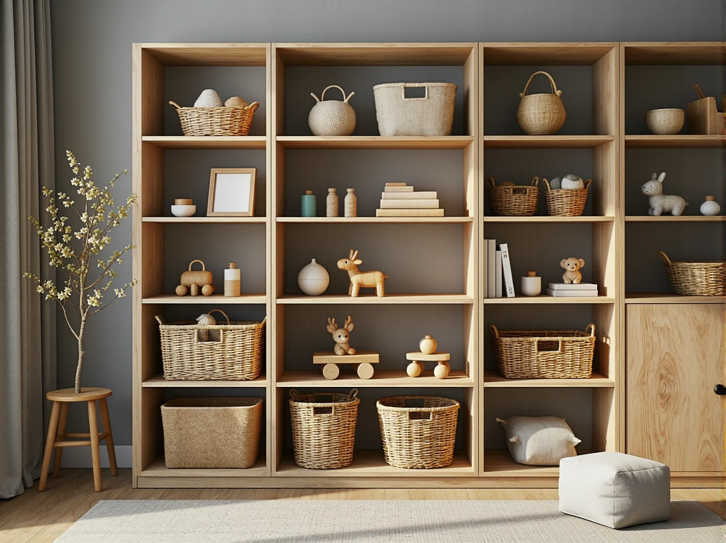 Przytulny kącik do nauki z prostym biurkiem w stylu japandi