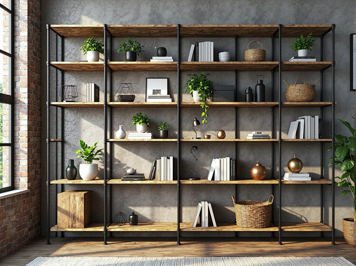 Biurko metalowe i regał w domowym biurze urządzonym w surowym stylu industrialnym.