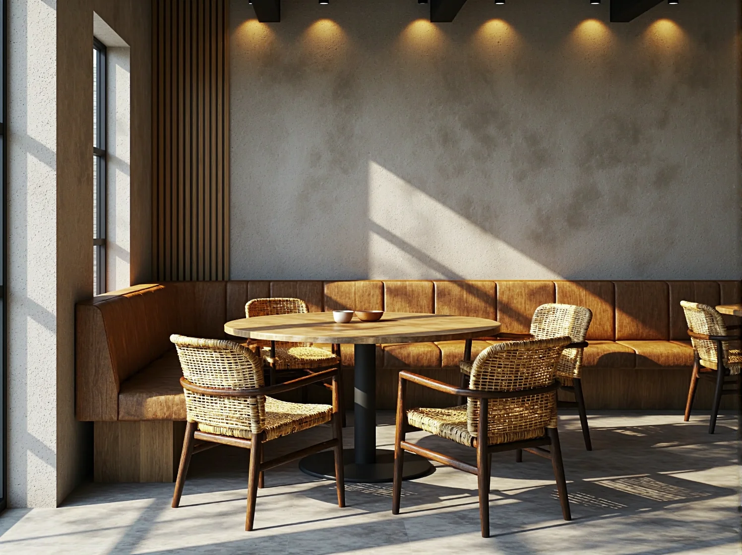 Duży okrągły stół obrotowy do chińskiej restauracji z czerwonymi tapicerowanymi krzesłami.