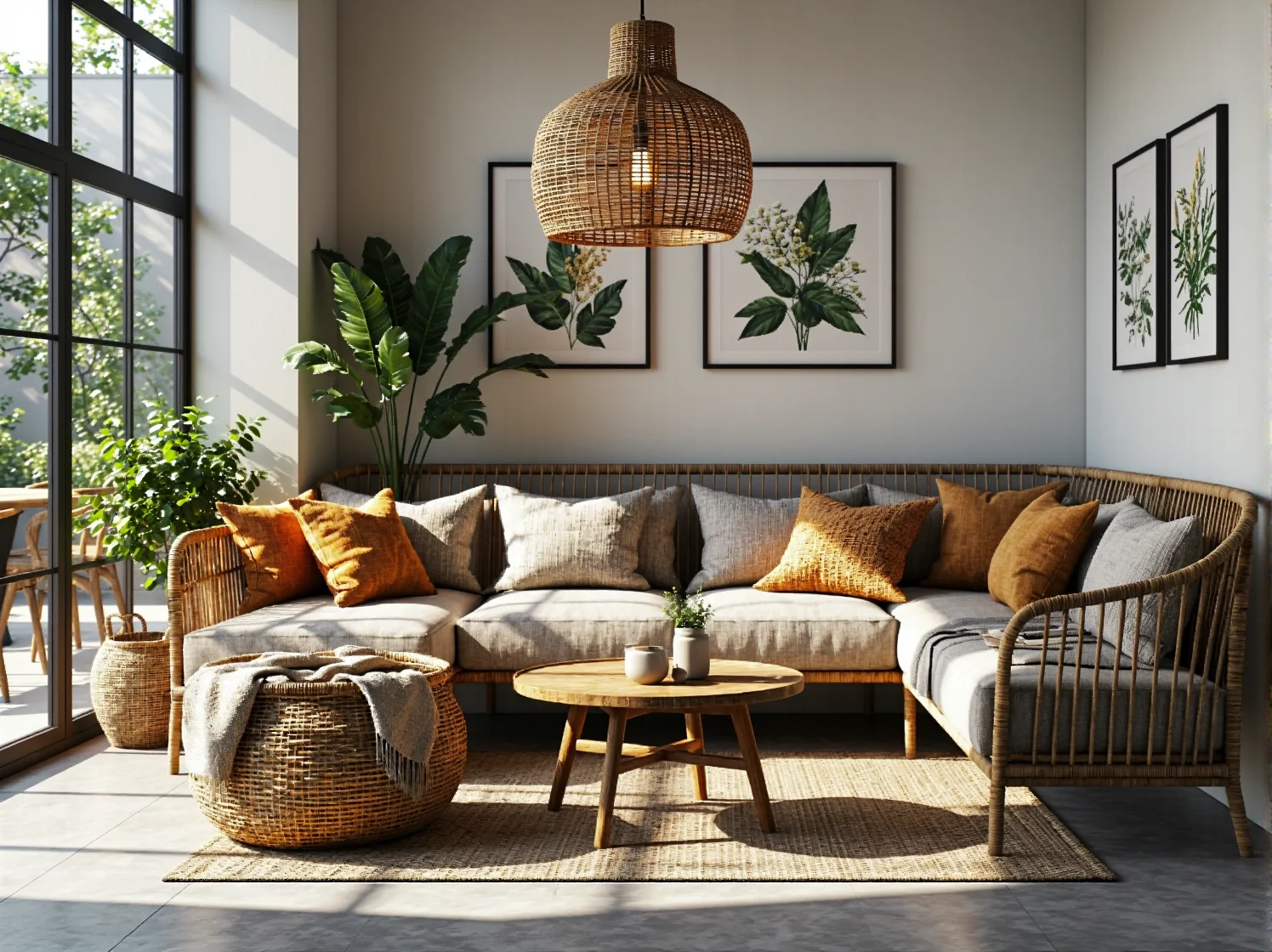 Dekoracje ścienne z makramy i naturalne tkaniny w aranżacji sali restauracyjnej boho.