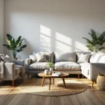 Szary zestaw wypoczynkowy skandynawski z drewnianym stolikiem kawowym