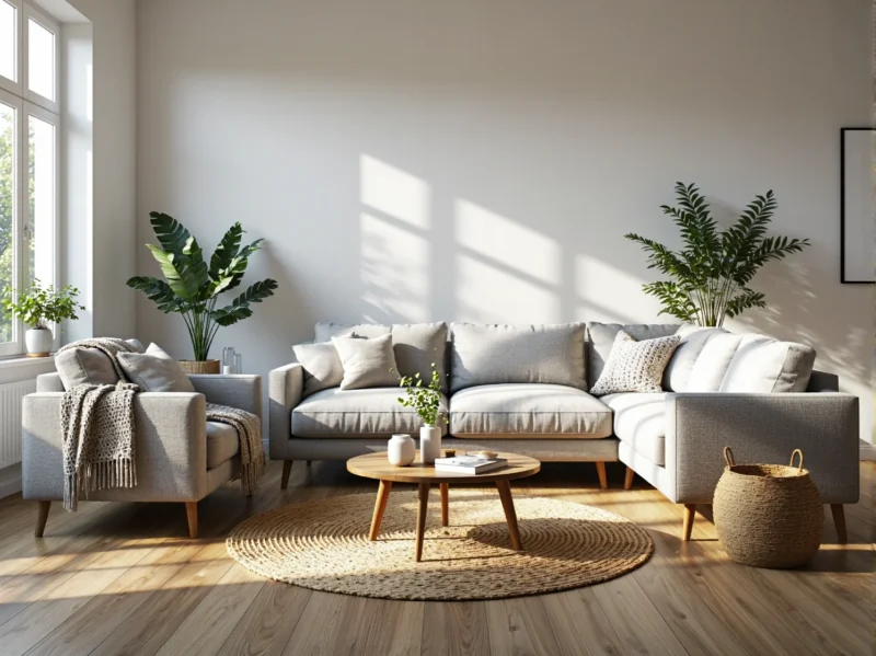 Szary zestaw wypoczynkowy skandynawski z drewnianym stolikiem kawowym