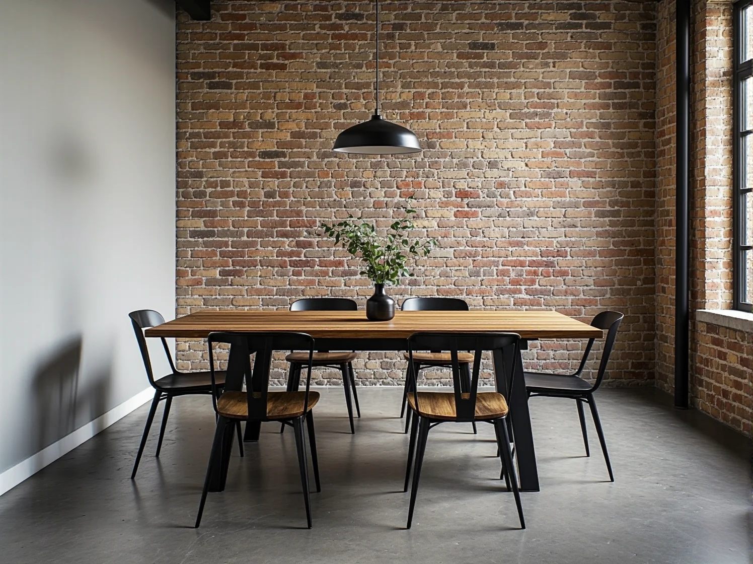 Czarne lampy wiszące nad stołem i surowe dodatki w nowoczesnym wnętrzu industrialnym.