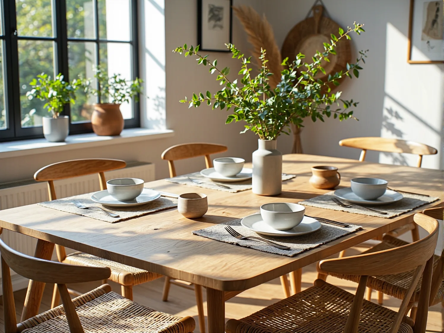 Ceramiczne wazony i świece zapachowe na komodzie w stylu skandynawskim.