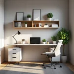 Białe biurko z kontenerkiem i wisząca półka dąb naturalny