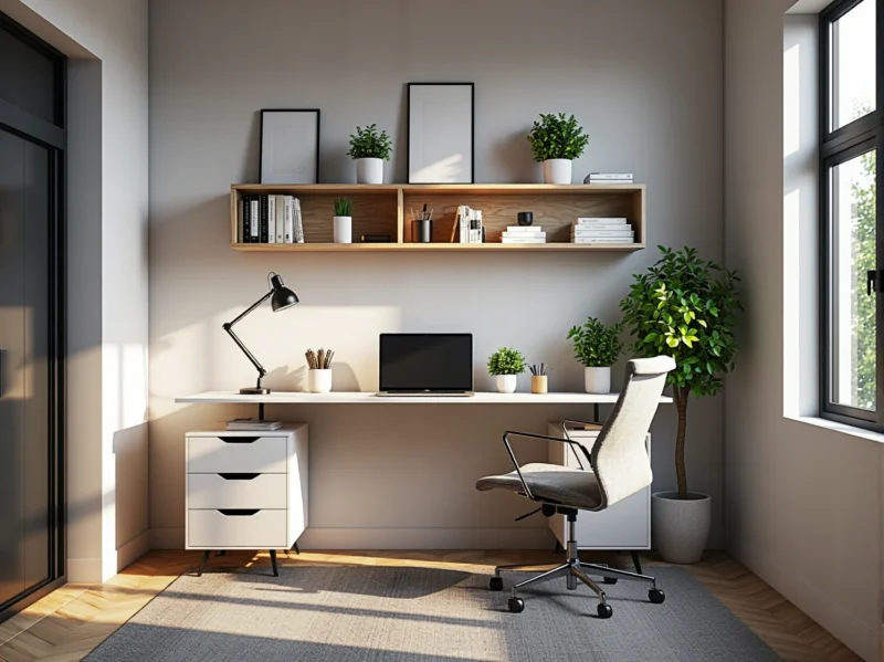 Białe biurko z kontenerkiem i wisząca półka dąb naturalny