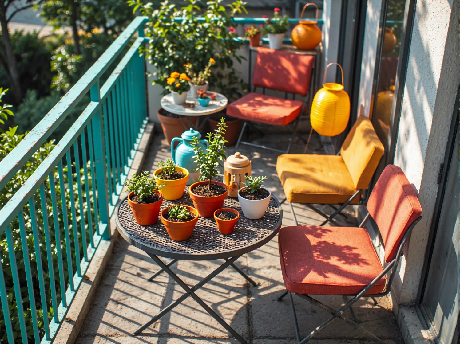 Drewniana ławka ogrodowa w stylu retro otoczona kwitnącymi krzewami i lampionami