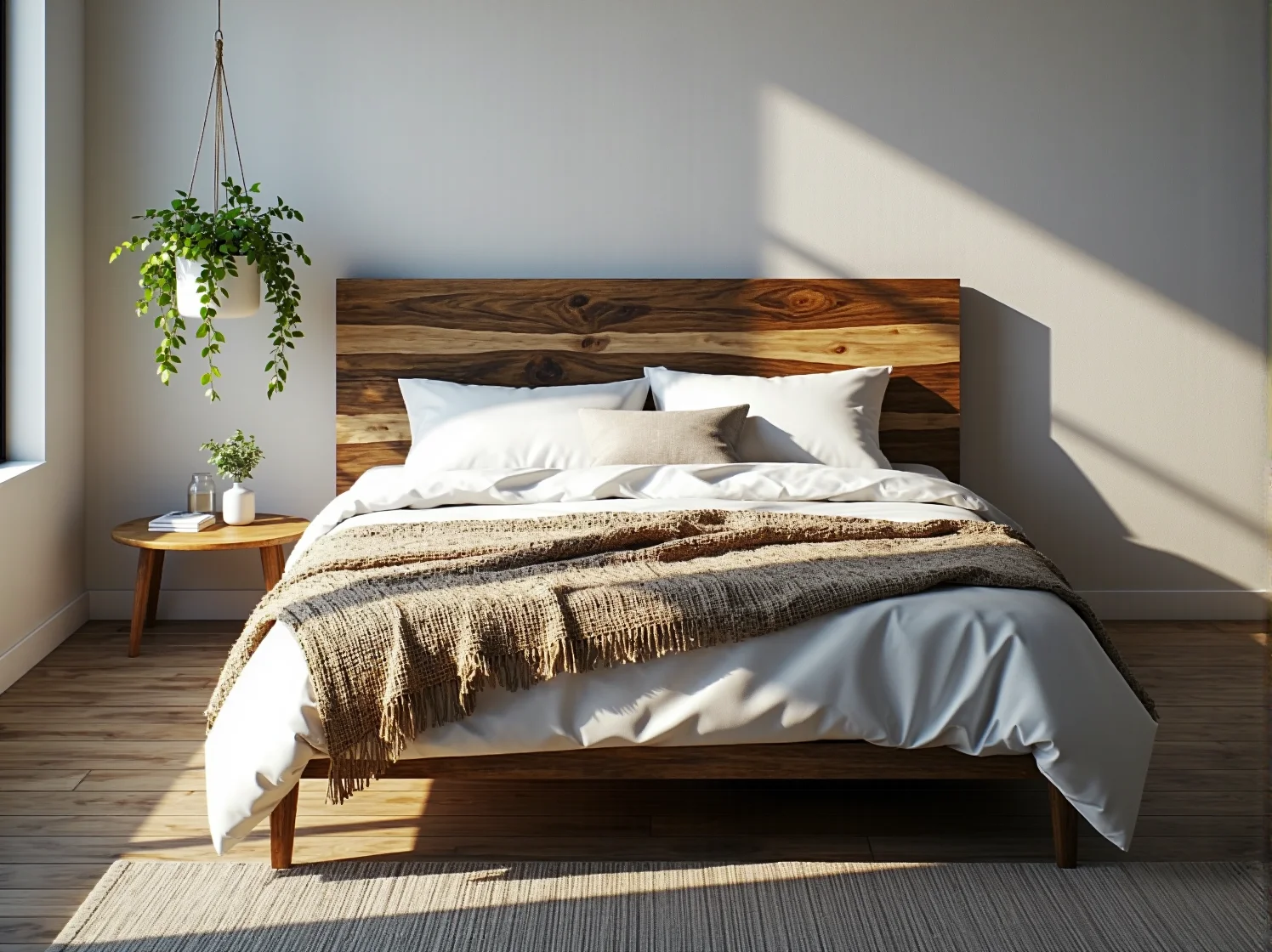 Nowoczesna sypialnia eko z meblami z palet i dużą ilością zielonych roślin