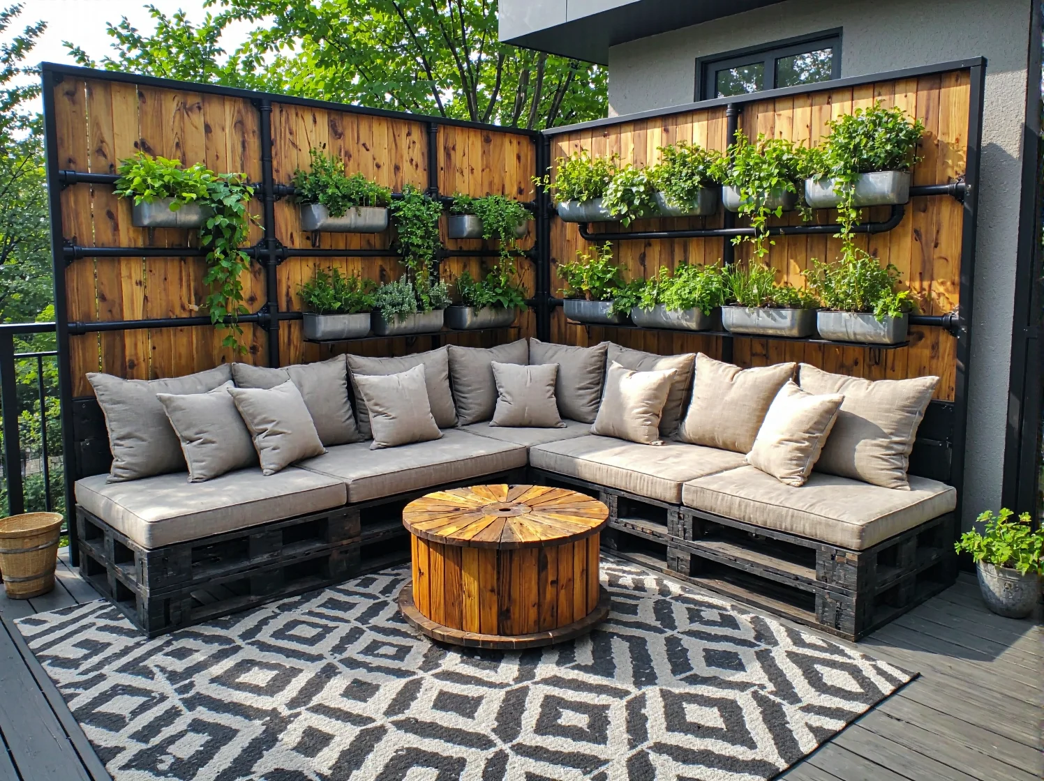 Ekologiczna strefa relaksu w ogrodzie wyposażona w unikalny stół i ławki z recyklingu.