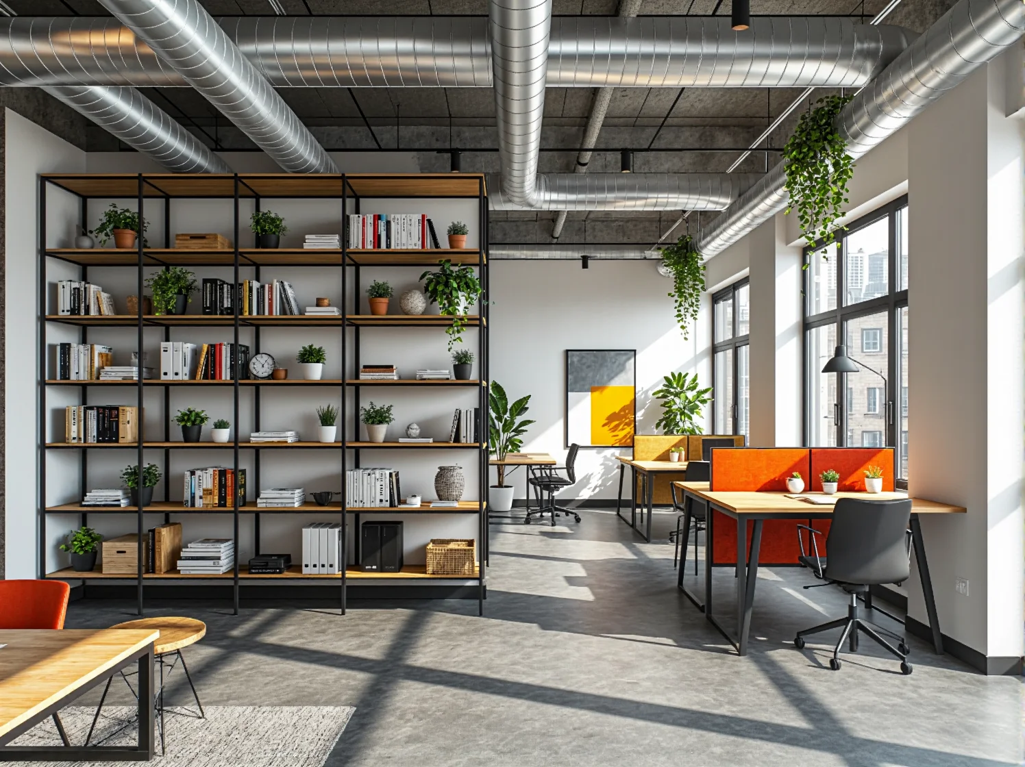 Funkcjonalny regał biurowy w stylu loftowym idealny do organizacji dokumentów w firmie.