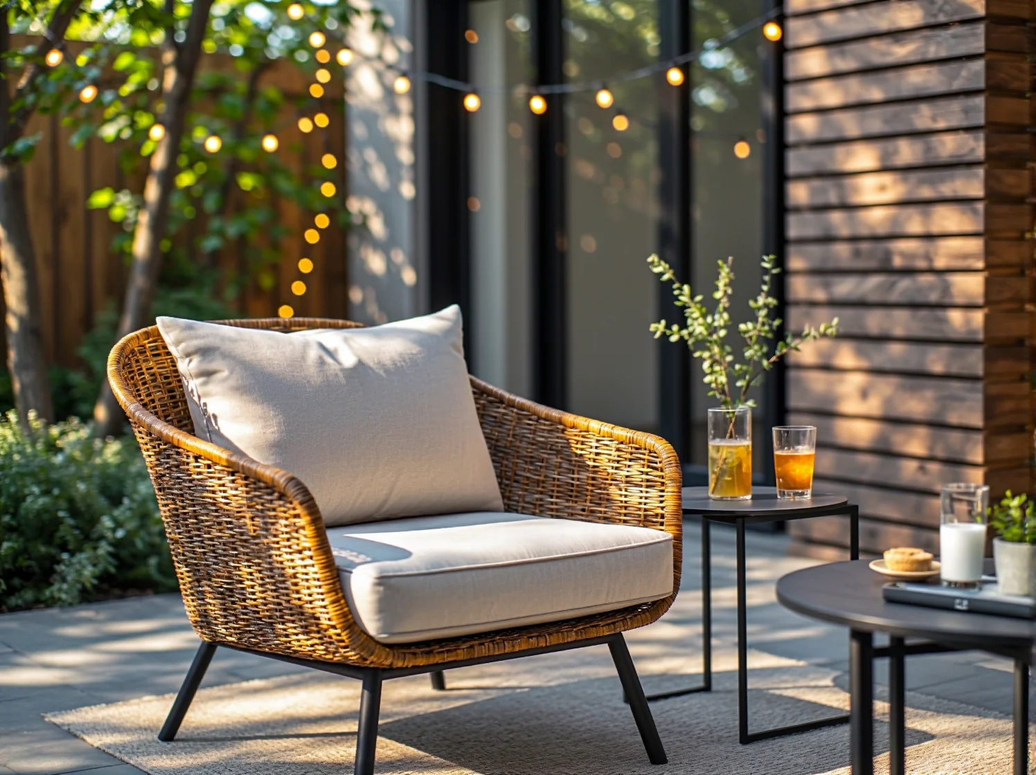 Girlandy świetlne LED o ciepłej barwie nad zestawem mebli ogrodowych