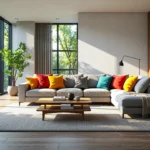 Szara sofa narożna z kolorowymi poduszkami i drewniany stolik kawowy