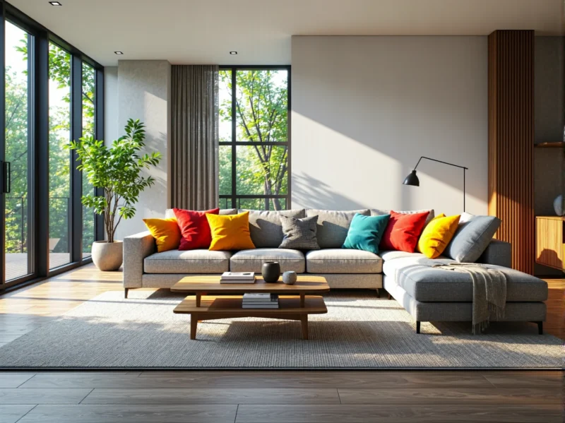 Szara sofa narożna z kolorowymi poduszkami i drewniany stolik kawowy