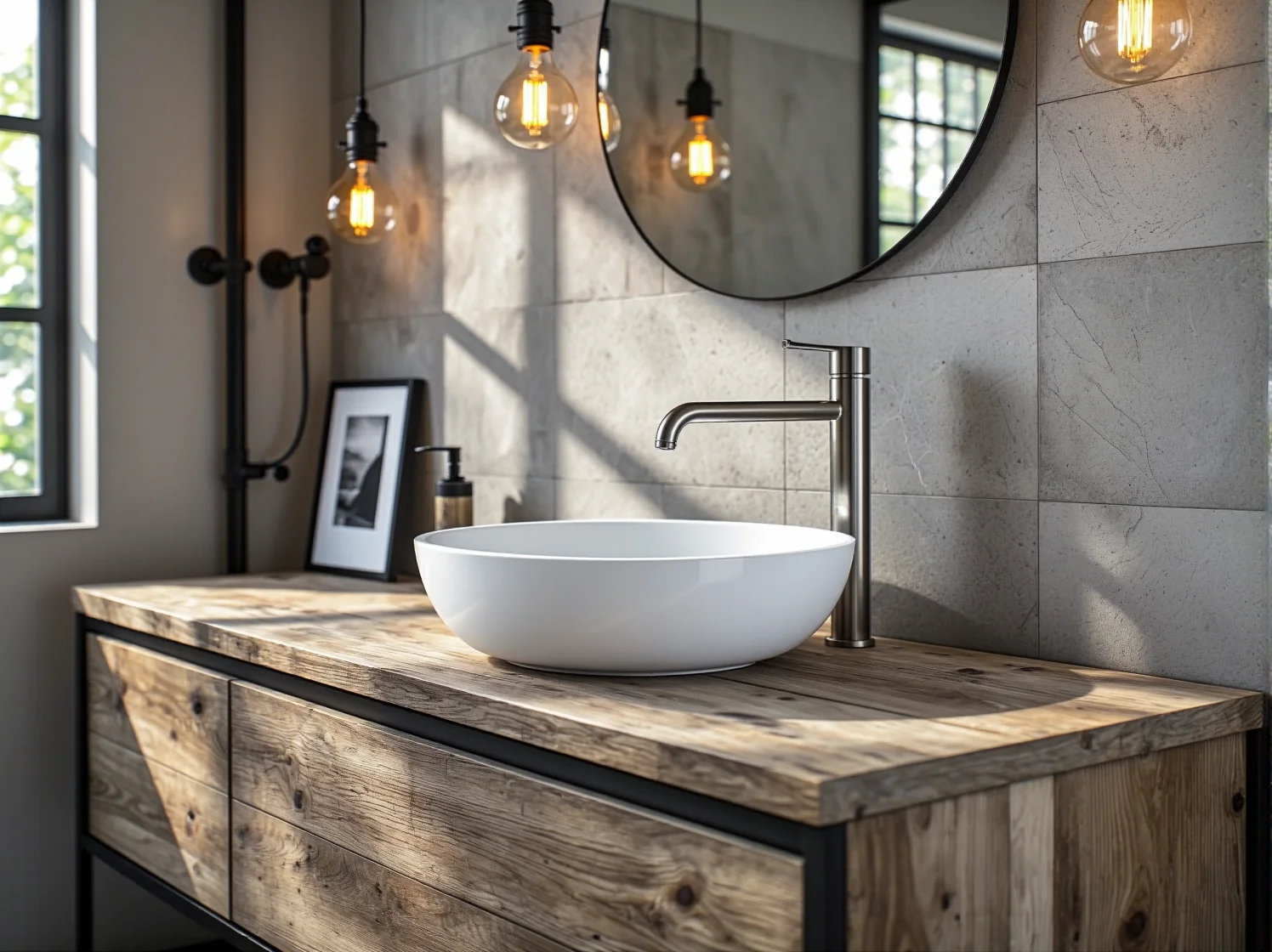 Kabina prysznicowa typu walk-in z czarnymi profilami w łazience loft.