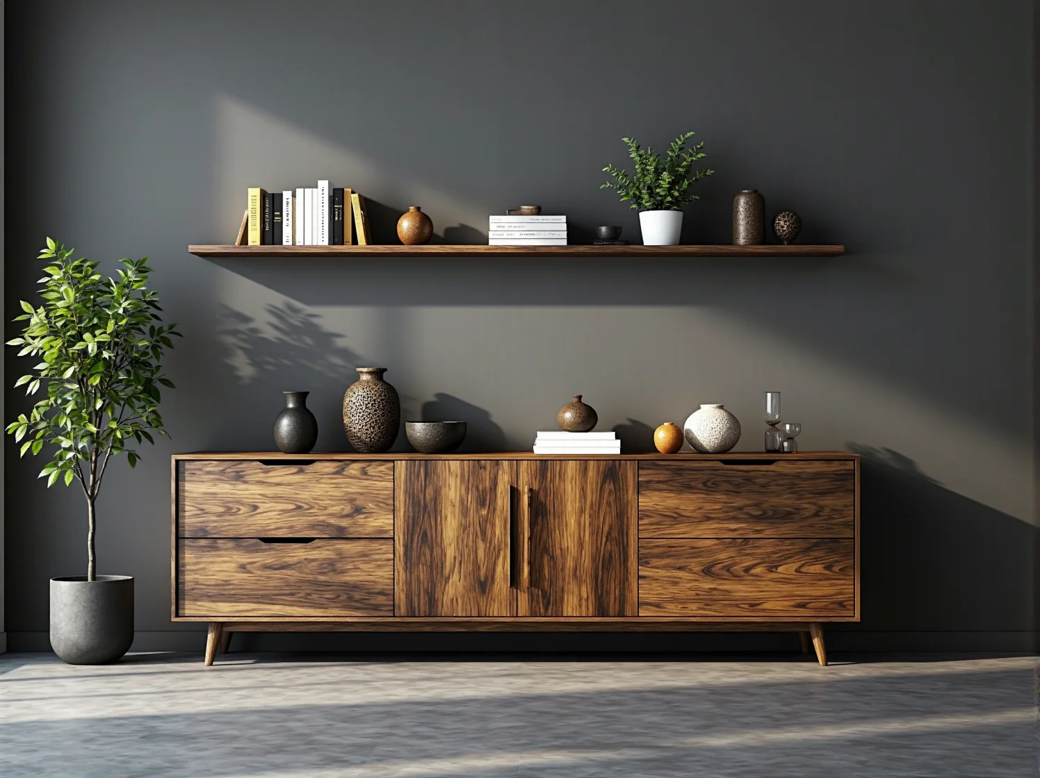 Stylowa komoda RTV z drewna dębowego i czarnego metalu w aranżacji loftowej.