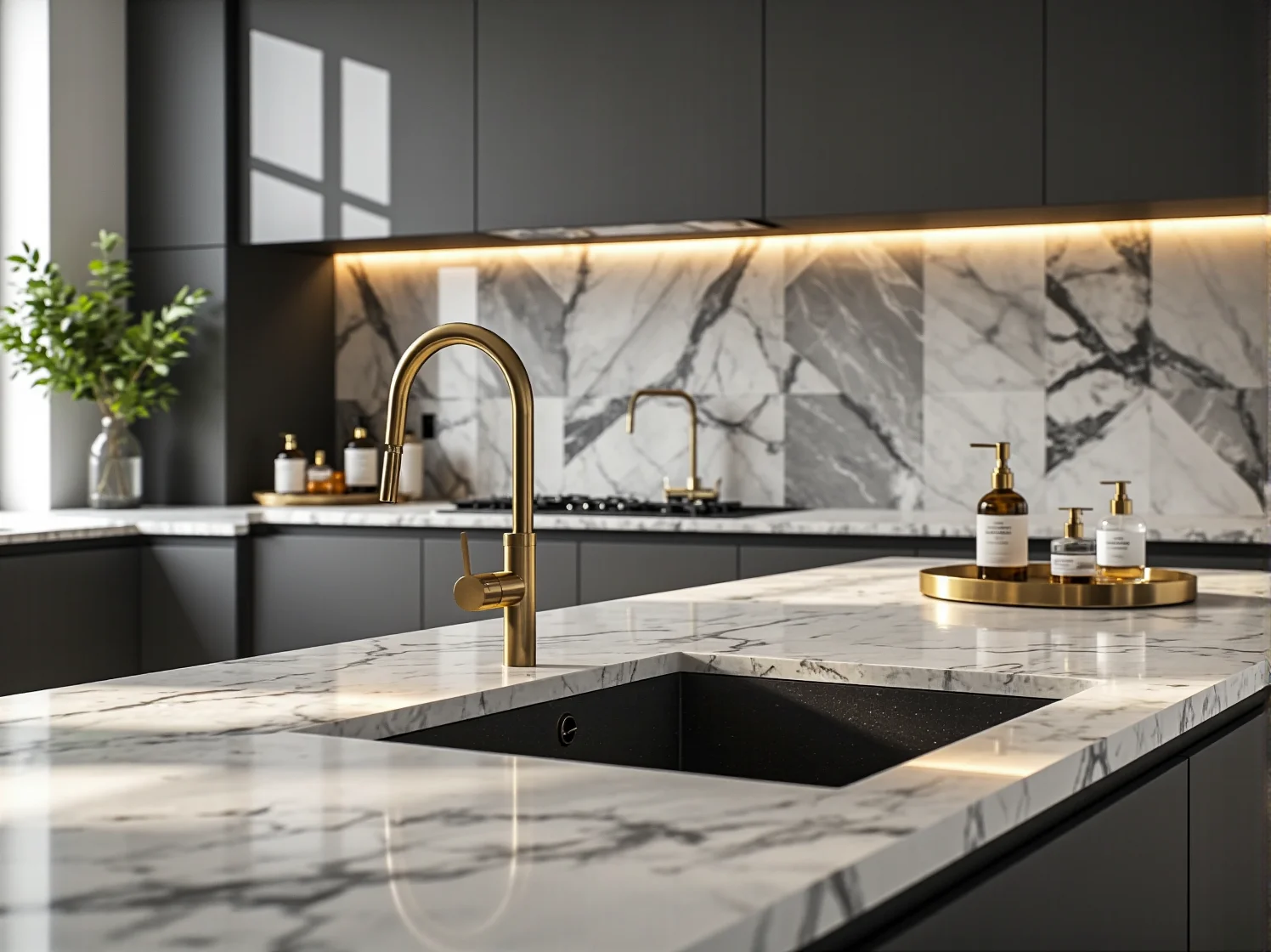 Kompaktowa zabudowa kuchenna glamour z kryształowym żyrandolem i funkcjonalnymi szafkami do sufitu.