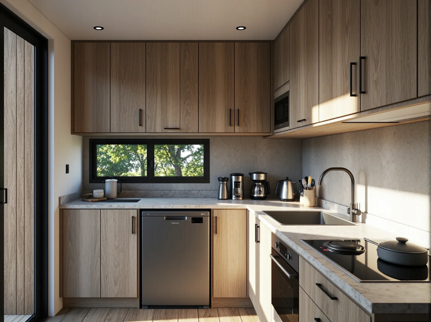 Kompaktowe urządzenia AGD w małej kuchni, w tym piekarnik z funkcją mikrofali.