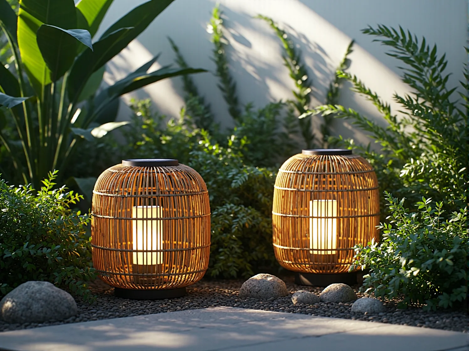 Lampa solarna rattanowa wisząca nad hamakiem w ogrodzie boho o zmierzchu