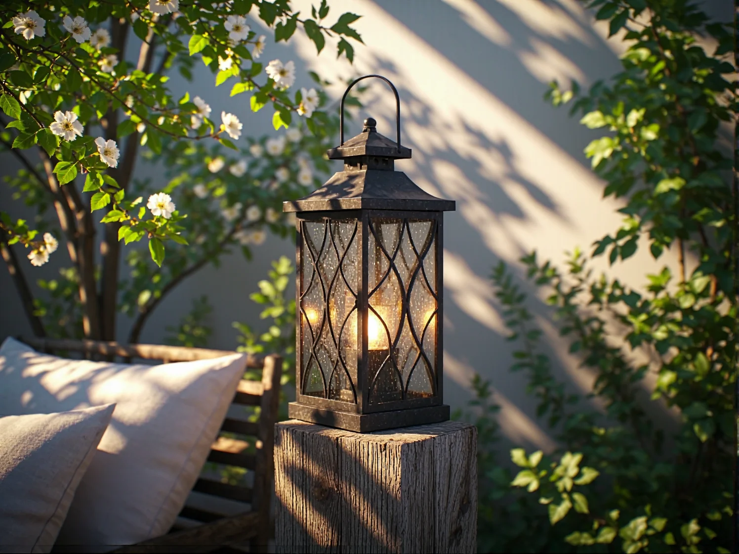 Klasyczna latarnia ogrodowa w stylu retro oświetlająca kamienną dróżkę wśród gęstych kwiatów.