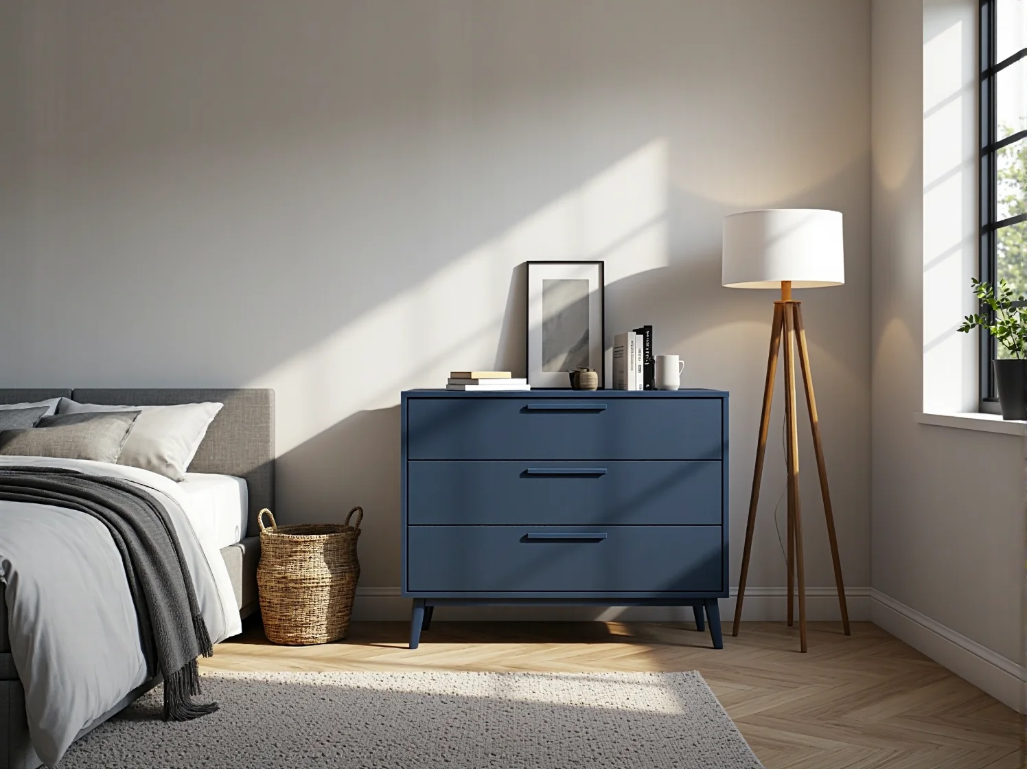 Minimalistyczna komoda na nóżkach dodająca lekkości w małym pokoju