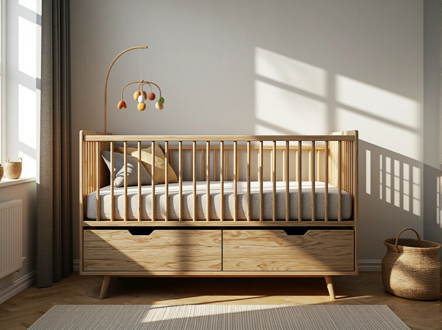 Minimalistyczne łóżeczko niemowlęce 7w1 z funkcją kojca i stolika.