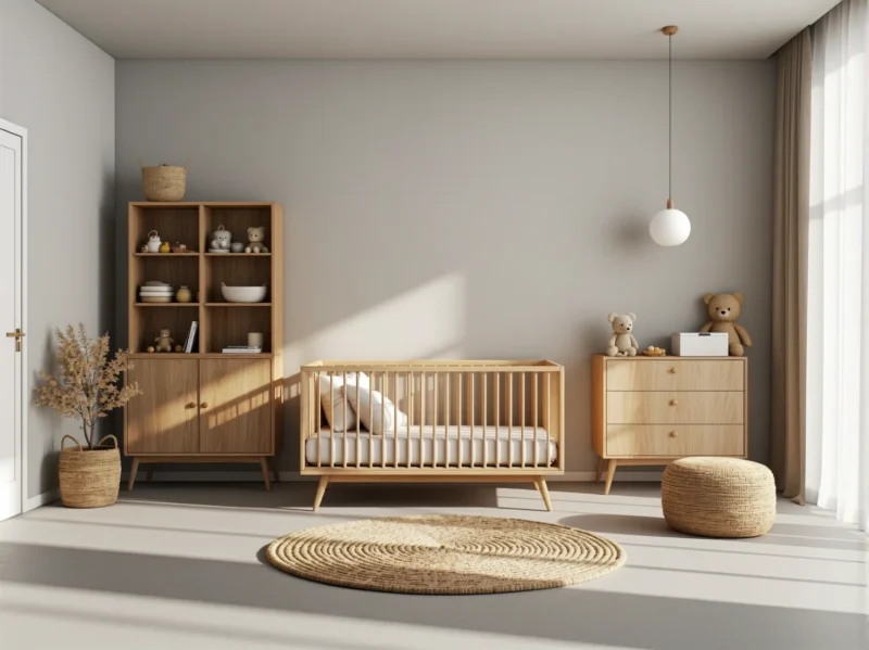 Drewniane łóżeczko niemowlęce dąb naturalny w stylu japandi