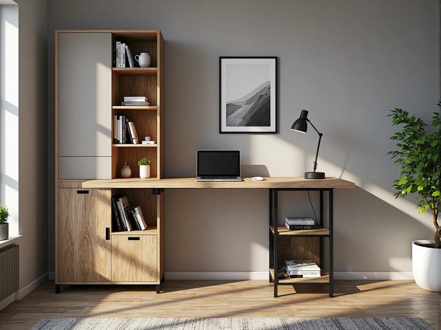 Składane biurko ścienne w małym salonie jako strefa pracy home office