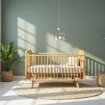 Drewniane łóżeczko niemowlęce sosnowe ze szczebelkami i skośnymi nóżkami