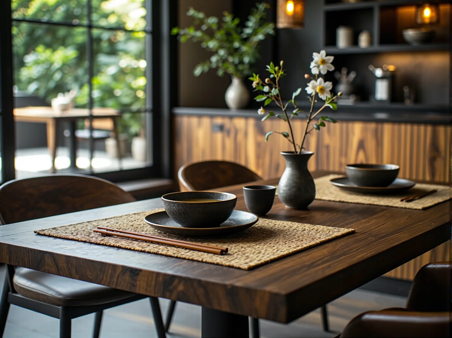 Niskie stoły tatami i minimalistyczne krzesła drewniane w tradycyjnej japońskiej restauracji sushi.