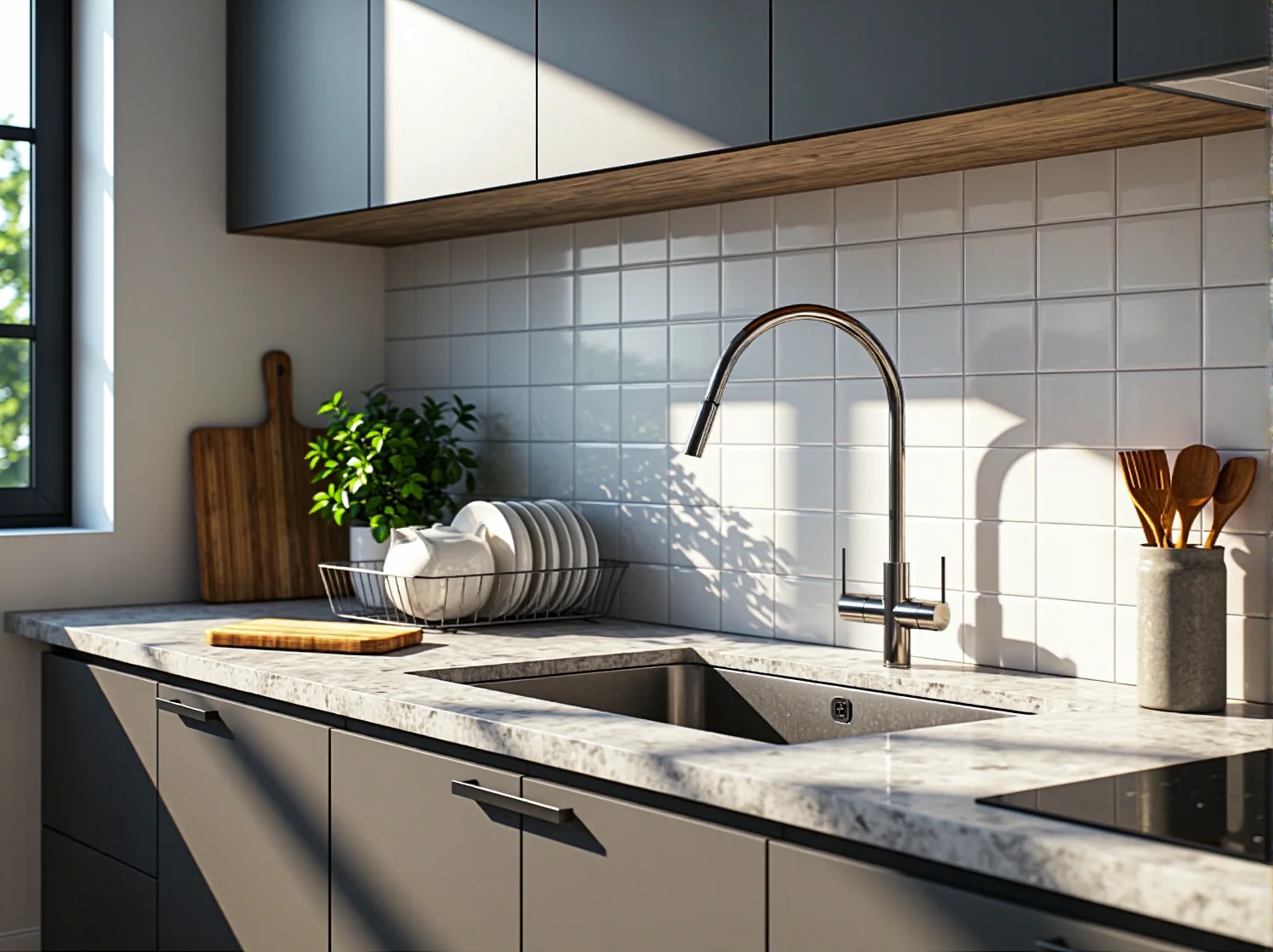 Zabudowa kuchenna pod sufit w małym mieszkaniu wykorzystująca każdą wolną przestrzeń.