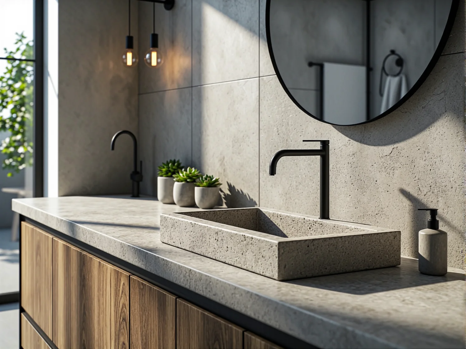 Umywalka nablatowa na drewnianej szafce z metalowym stelażem.