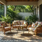 Rattanowy zestaw ogrodowy naturalny z kwiecistą tapicerką