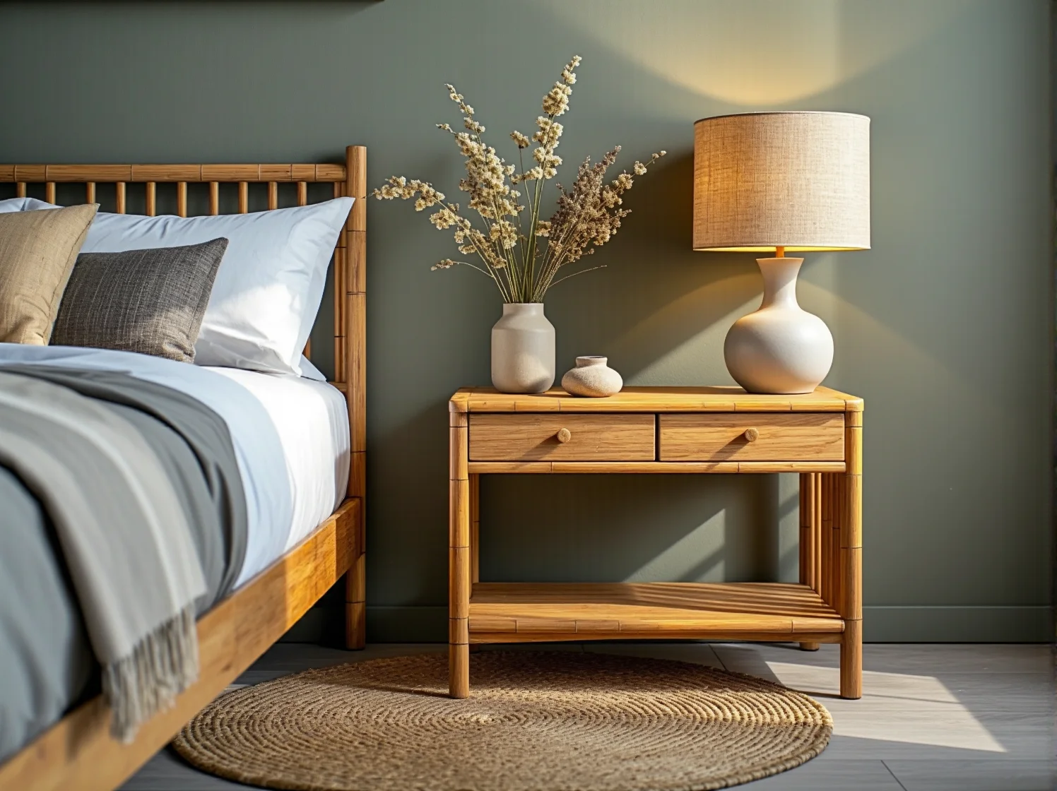 Stylowy fotel rattanowy i komoda bambusowa w jasnej, przytulnej sypialni eko