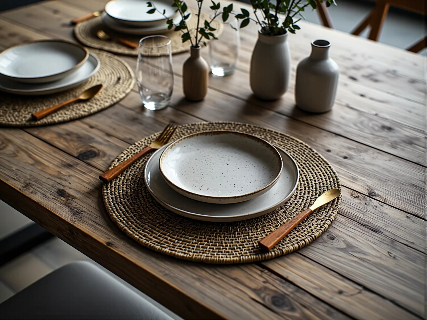 Rattanowe krzesła i drewniane stoliki w restauracji urządzonej w stylu naturalnym boho.