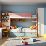 Łóżko piętrowe dla dzieci z biurkiem szafą i półkami