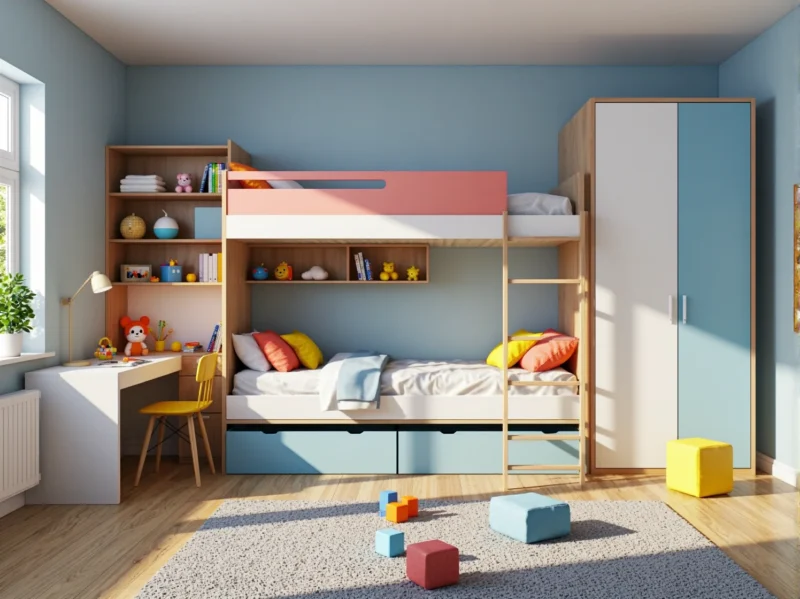 Łóżko piętrowe dla dzieci z biurkiem szafą i półkami