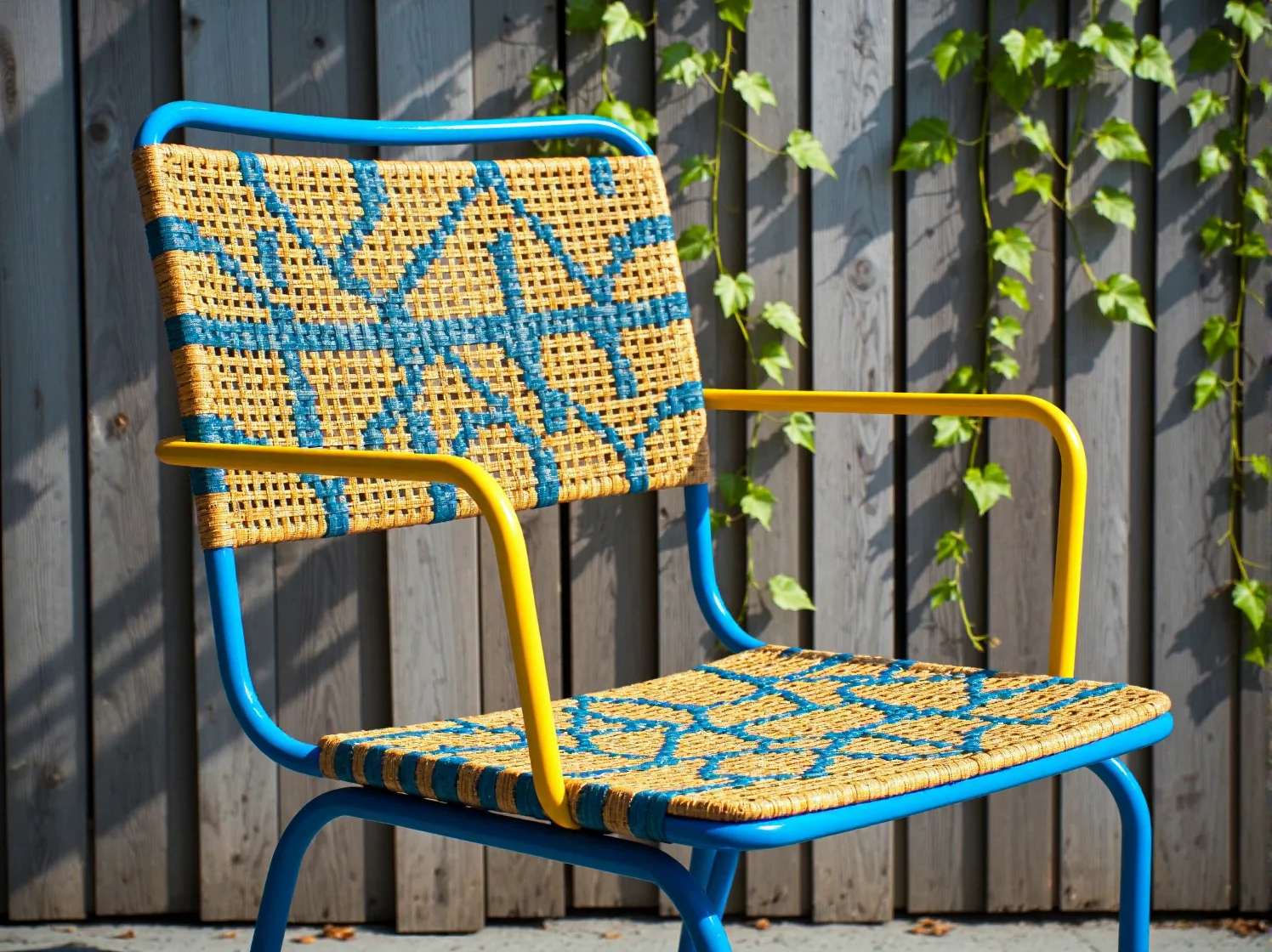 Metalowy zestaw wypoczynkowy w stylu vintage z ozdobnymi poduszkami w zielonym ogrodzie