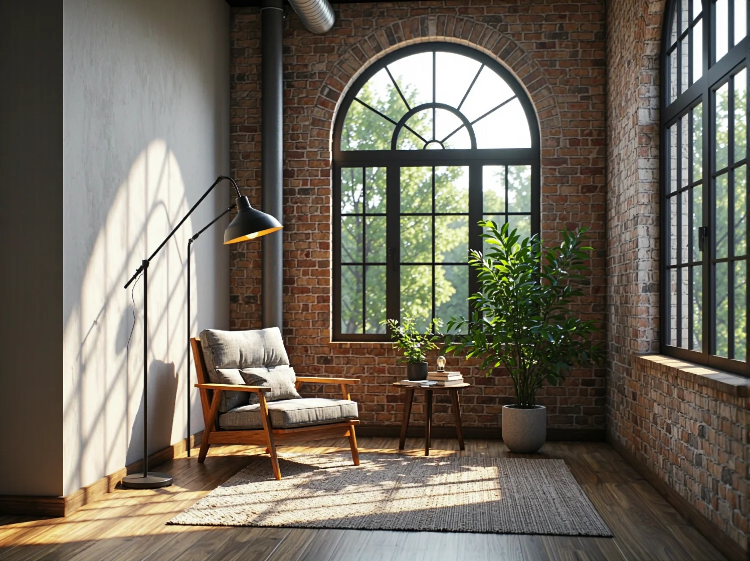 Metalowe lampy fabryczne nad stołem w jadalni, tworzące przytulny klimat w wysokim pomieszczeniu.