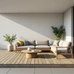 Narożna sofa ogrodowa drewniana z szarymi poduszkami lnianymi