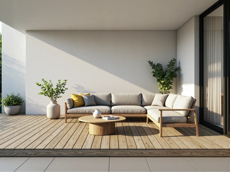 Narożna sofa ogrodowa drewniana z szarymi poduszkami lnianymi