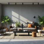 Zestaw mebli ogrodowych szary z drewnianymi fotelami i stolikiem